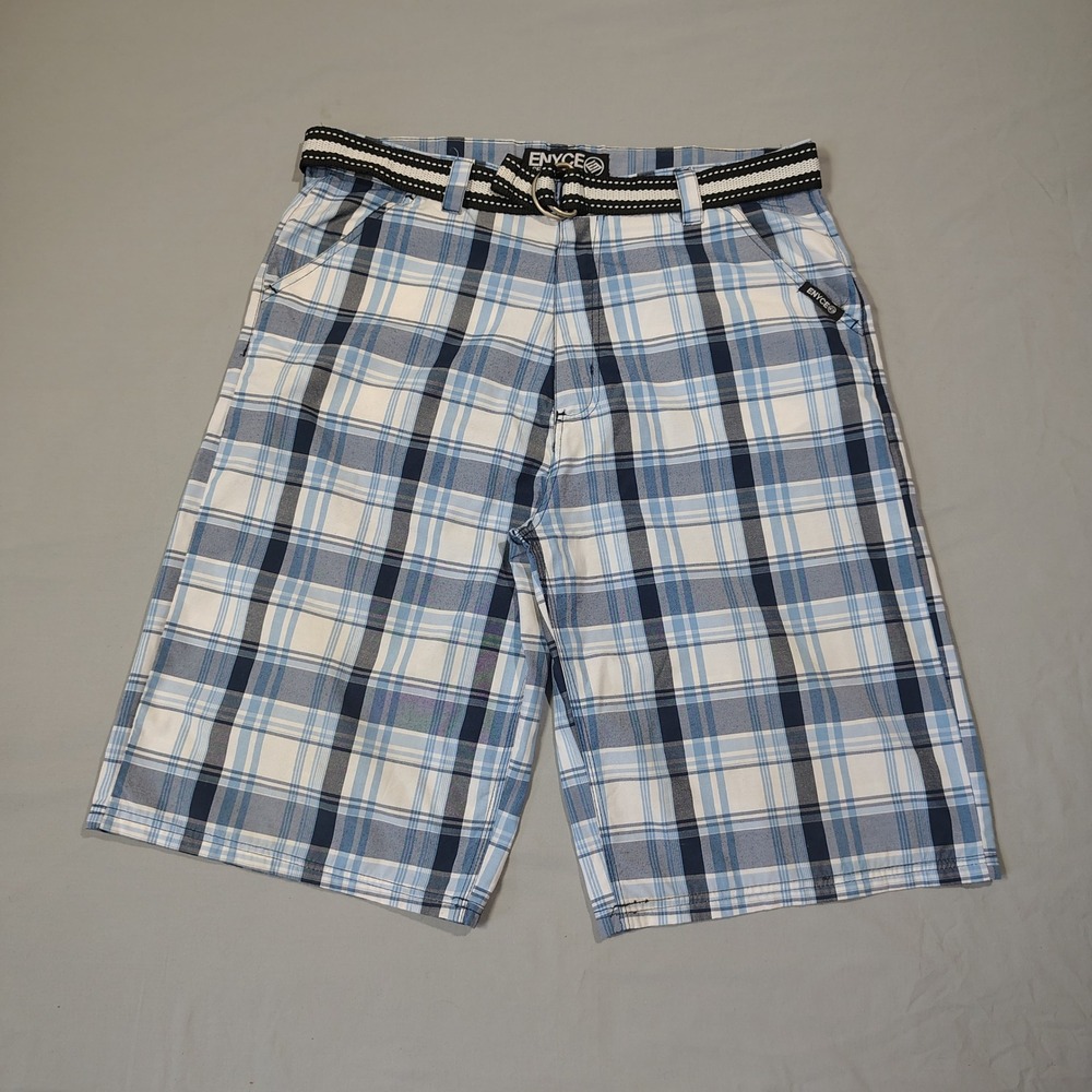 Enyce Shorts Mens 38 Blue White Check Plaid Y2K Streetwear Baggy Belt